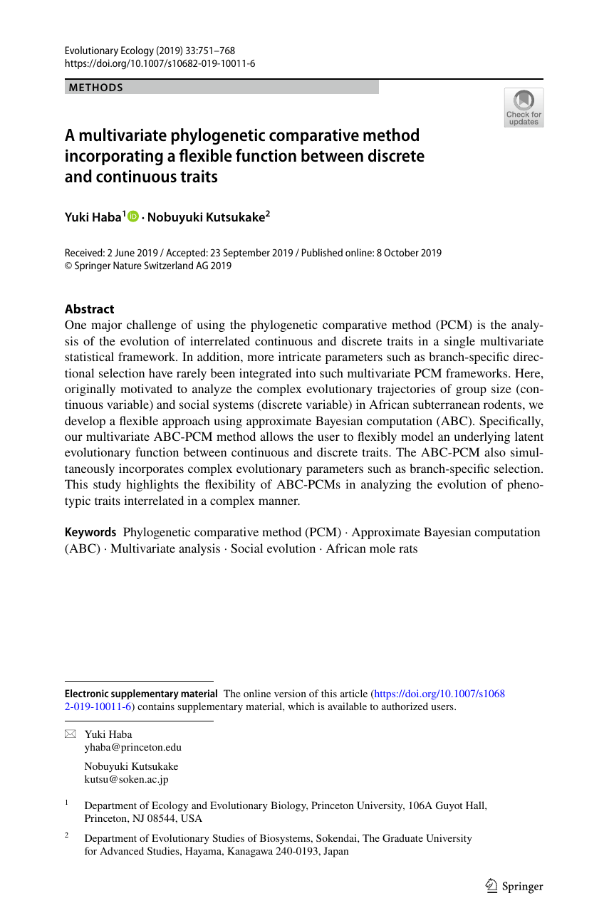 First page of Haba 2019 Evolutionary Ecology paper